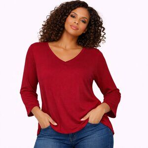 Ming Wang Red Relaxed Blouse | Luxe Knit 3/4 Sleeve Top | Size L